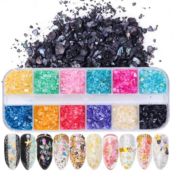 

12 grid/case seashell irregular flakes sequins nail glitter powder mixed 12 color sets diy shell decoration for gel polish, Silver;gold