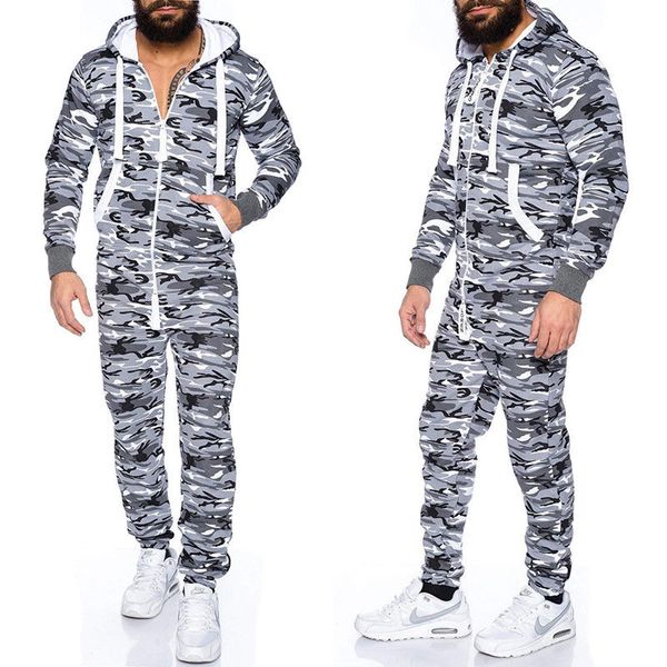 

new mens camouflage hooded zip up jumpsuits male fashion one piece sets jumpsuit long sleeve pockets jumpsuits man new, Gray