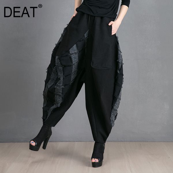 

deat] high elastic waist spliced striped black trousers new loose fit harem pants women fashion tide spring autumn 2019 13e801, Black;white