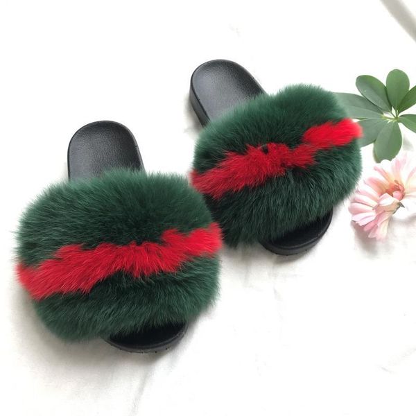 

2020 new sell rainbow color fox fur slides indoor women's slipper, Black