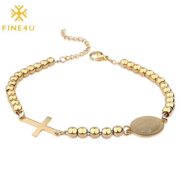 

fine4u b247 stainless steel virgin mary and cross charms bracelet gold color 5mm beads bracelets for christian rosary jewelry, Golden;silver