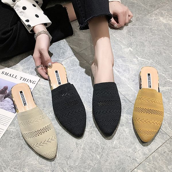 

summer women slippers pointed toe slides low heels cover toe slipper stretch fabric woman shoes flip flops zapatos mujer 8054l, Black