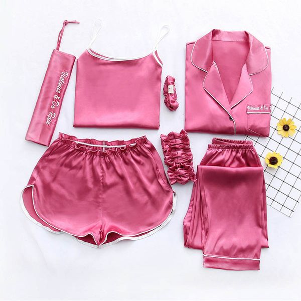 

new 2019 women 7 pieces pajamas sets stain faux silk pajamas women sleepwear sets autumn winter +shorts+shirt+pants, Blue;gray