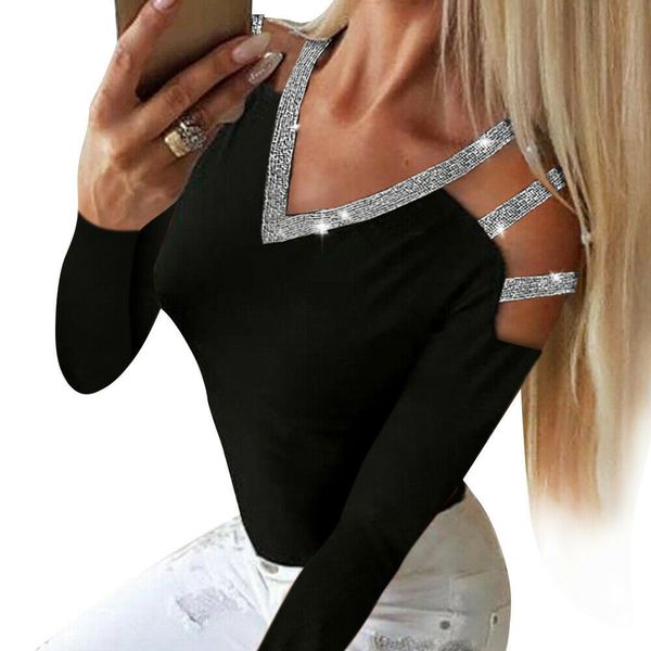 

2020 women's daily t-shirt solid colored black spring and summer women explosion models sequined v-neck long-sleeved t-shirt, White