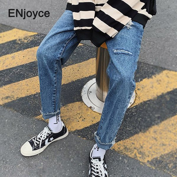 

men's jeans korean style ripped men fashion tooling jean japanese harajuku streetwear boyfriend loose overalls male trousers, Blue