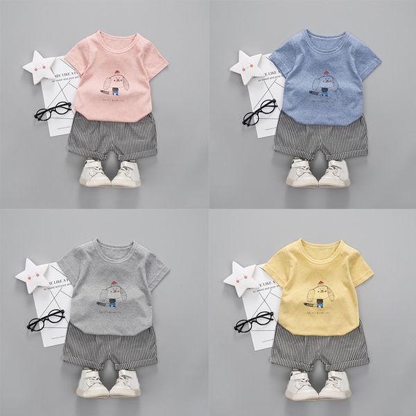 

2020 2pcs baby boy girl cartoon long-eared mouse pattern t-shirt + striped shorts summer outfits clothing sets, White