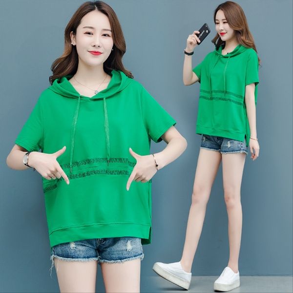 

large size women's embroidery clothing hooded short-sleeved loose 2020 summer clothes slim large size women's embroidery clothing, White