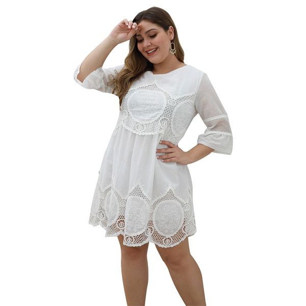 

women's lace pure white hollow plus size dress, Black;gray