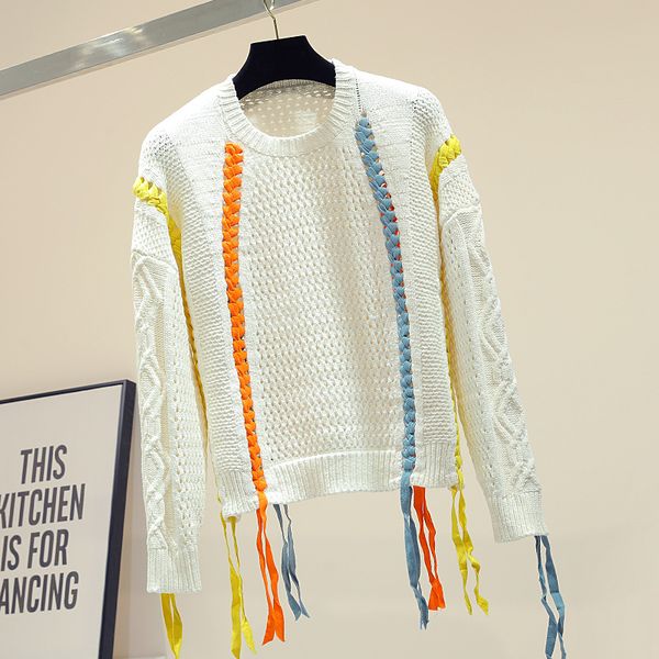

new woman autumn winter fringed stitching knit jacket sweater pull sweater long sleeve short knitted coat girl lady jumper, White;black