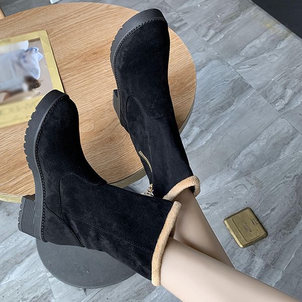 

mid-calf keep warm suede boots fashion women square heel zipper shoes woman warmer hiking snow boot round toe puppy heel boot, Black