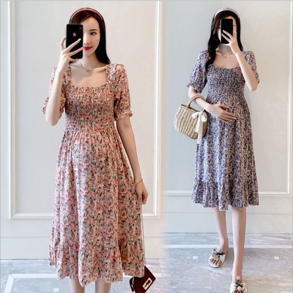 

maternity chiffon summer fashion printing dresses pregnant women square collar short sleeve pleated pregnancy leisure clothes, White
