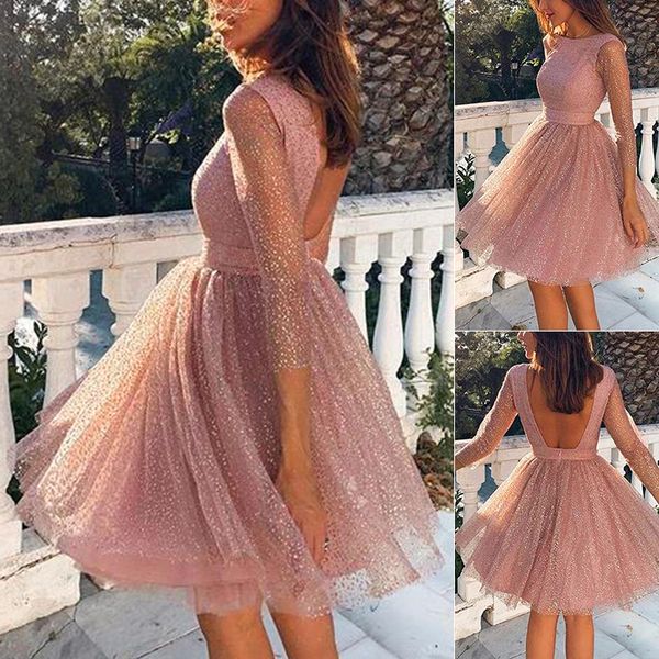 

womens dress ladies ball pleated casual fashion party see through evening swing 3/4 sleeve knee length, Black;gray