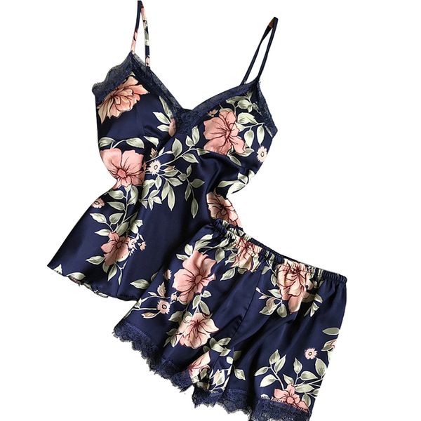 

women lingerie lace silk pajamas sets sleepwear v neck floral printed nightdress shorts night suit female nightgown a4, Blue;gray
