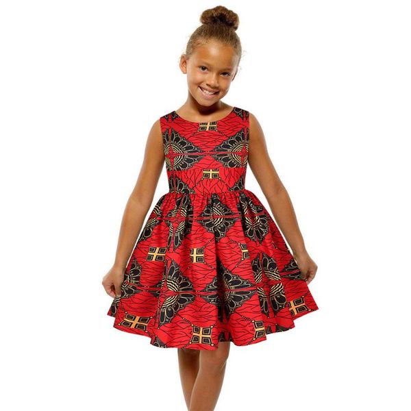 

african print girls dress summer 2020 fashion dashiki 3d digital print sleeveless knee-length casual kids dresses for girls, Red;yellow