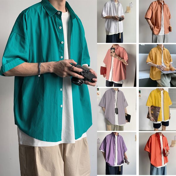

2020 colorful shirts for boyfriend gift mens loose fit short sleeve shirts button up short sleeve dress, White;black