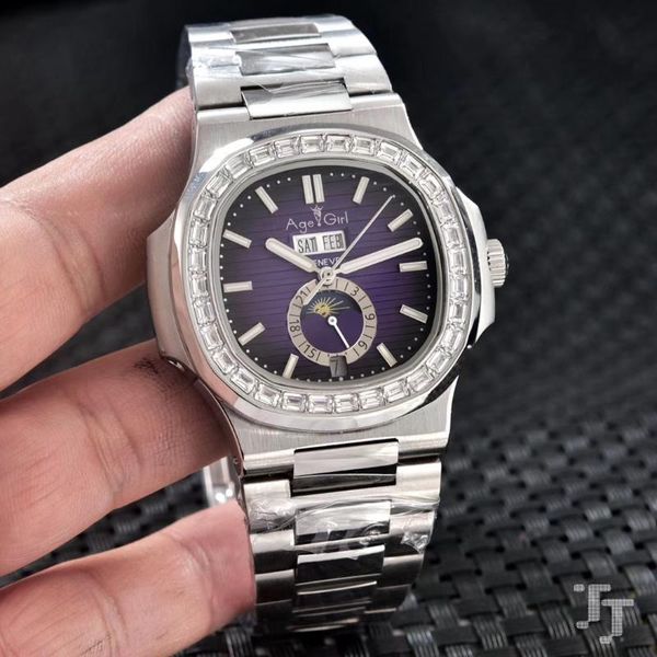 

новые мужчины автоматические механические часы из нержавеющей стали moonphase daydate sapphire алмазная dual time zone серый синий красный, Slivery;brown