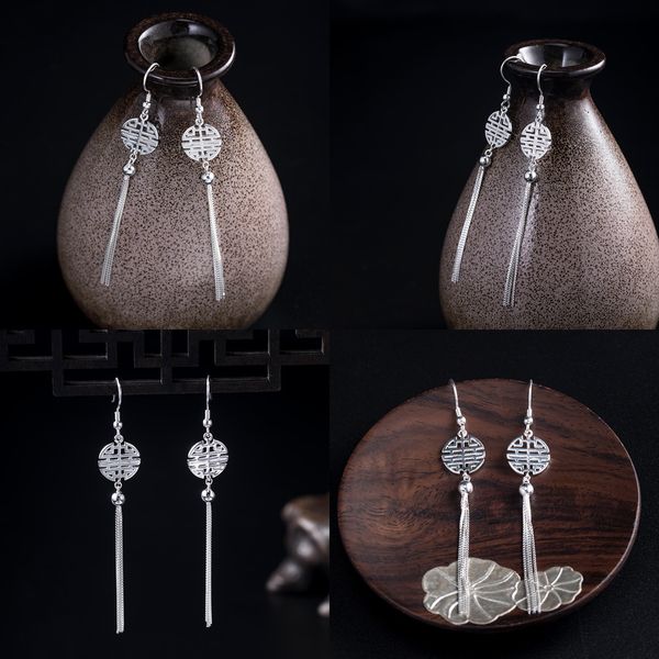 

925 s silver antique temperament double happiness yinzhu earrings woman long fund tassels face is thin nation wind earring ear rings gold, Golden