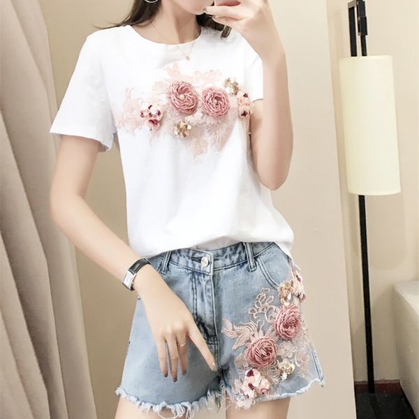 

5xl large size women 3d floral embroidery cotton t shirts jeans suit 2 piece set white t-shirts + fringed denim shorts pant sets