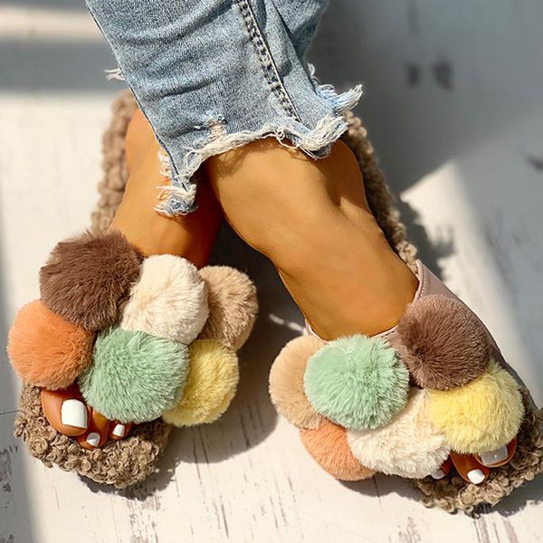 

women cute cotton short plush flat slippers girls casual open-toe shoes loafers ladies slipper summer wild beach shoes slippers, Black