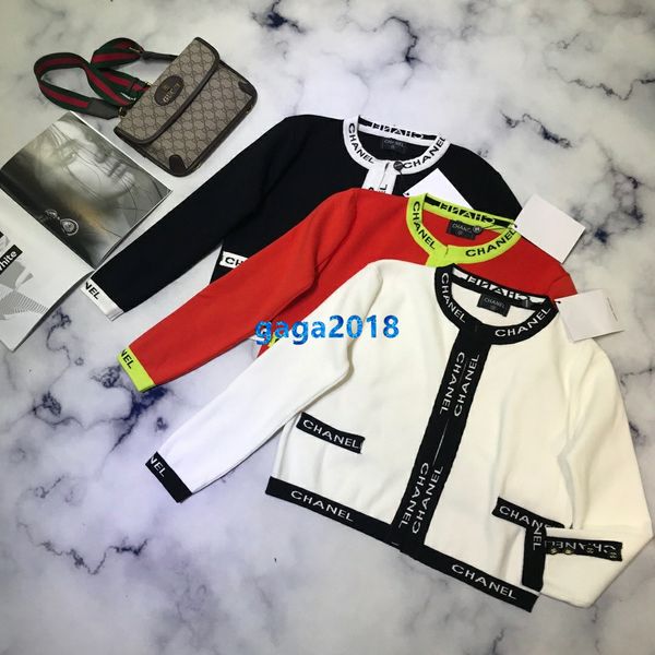 

High end women girl knit weater jacket triped letter pattern cardigan tretch crew neck long leeve blou e hirt fa hion luxury top, White;black