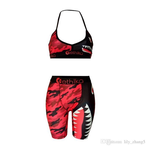 

women ethika underwear swimwear tie up bra +shorts half length pants 2 piece tracksuit patchwork shark camo striped swimsuit bikini, Black;pink