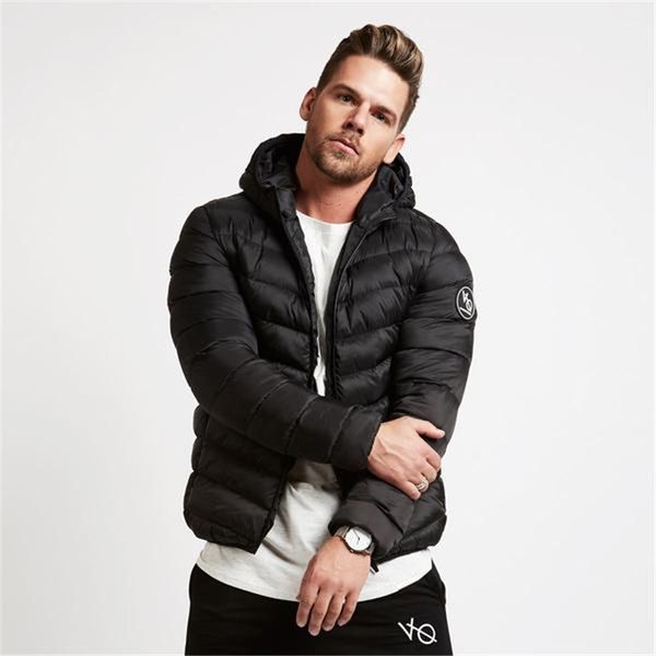 

winter new style popular brand warm cotton-padded clothes muscle fitness jacket hooded zipper jacket men's casual loose cotton, Black