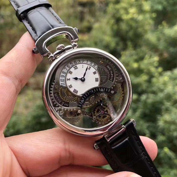 

men sports watch fashion taste 46mm transparent movement fully automatic mechanical watch calendar leather watchband watch, Slivery;brown