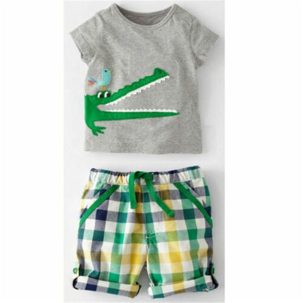

toddler infant kids boys summer cotton cartoon crocodile short sleeve t-shirt plaid shorts casual outfits set 2-7y, White