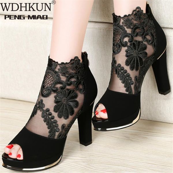 

2020 prom wedding shoes sandals with coarse heels spring and summer new european american waterproof mesh gauze shoes, Black