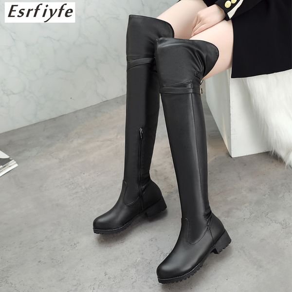 

esrfiyfe 2020 new big size 34-48 female over the knee boots zippers women's thigh high boot buckle strap thick heels shoes woman, Black