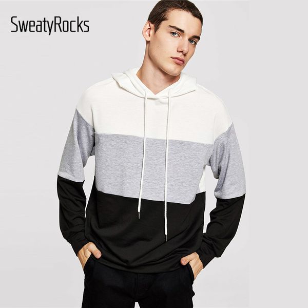 

sweatyrocks men colorblock drawstring hoodie streetwear long sleeve mens hoodies 2019 spring autumn casual pullover sweatshirts, Black