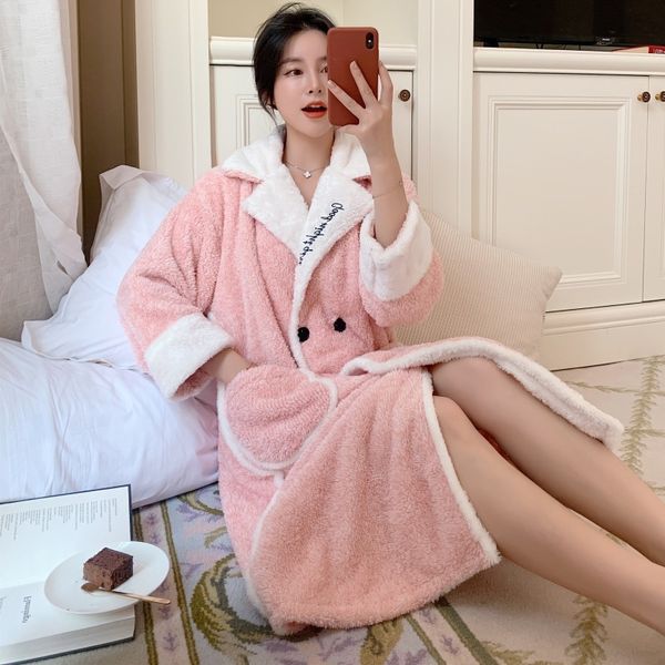 

autumn and winter lovely embroidered morning gown flannel nightgown lady coral velvet bathrobe can be worn outside warm robe, Black;red