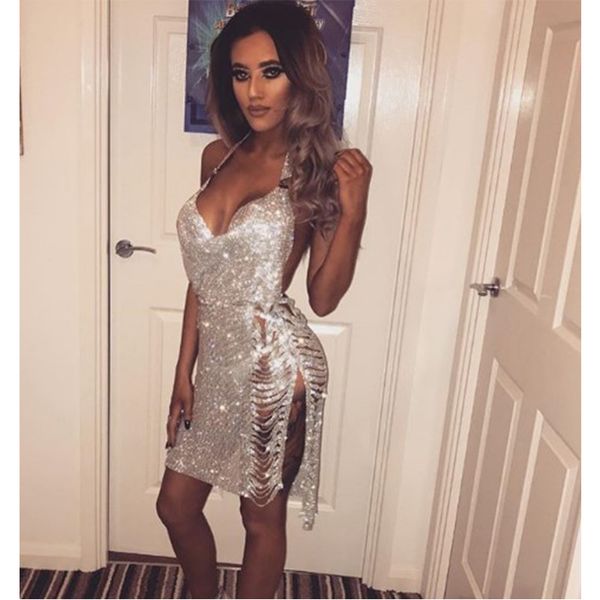 

shining rhinestone backless mini dress women 2020 deep v neck beach nightclub party club bling dresses, Black;gray