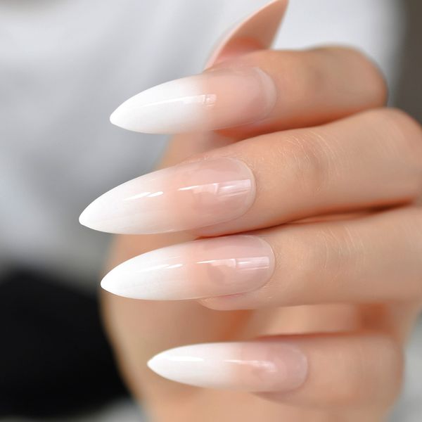 

gradeint natural nude pink stiletto false fake nails ombre french extra long pointed salon press on wear uv nail art tips, Red;gold