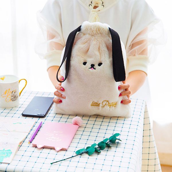 

cute cosmetic bag cartoon plush dog girl mini bag travel pouch drawstring makeup tools organizer h66