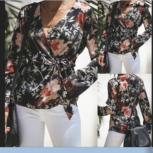 

women long sleeve v neck floral wrap shirt ladies office ol casual blouse, White