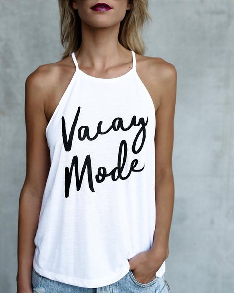 

letter vacay mode print ladies summer fine condole belt candy color loose women summer tshirts, White