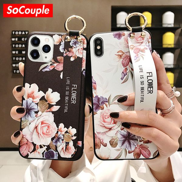 

socouple for iphone 11 case flower phone holder case for iphone 8 6 6s 7 plus x xr xs 11 pro max soft tpu wrist strap cover