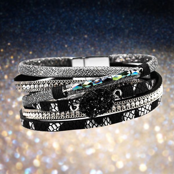 

stone pu leather wristband charm fashion casual unique magnetic buckle gift women bracelet long multiple layers elegant bangle, Golden;silver