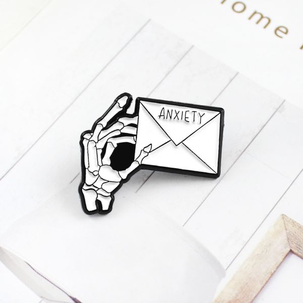 

new gothic skeleton hand letter brooch r.i.p. anxiety creative envelope enamel pin backpack denim personality badge punk gifts, Gray