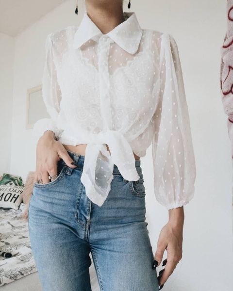 

women mesh sheer blouse see-through long sleeve shirt blouse fashion pearl button transparent white shirt female blusas