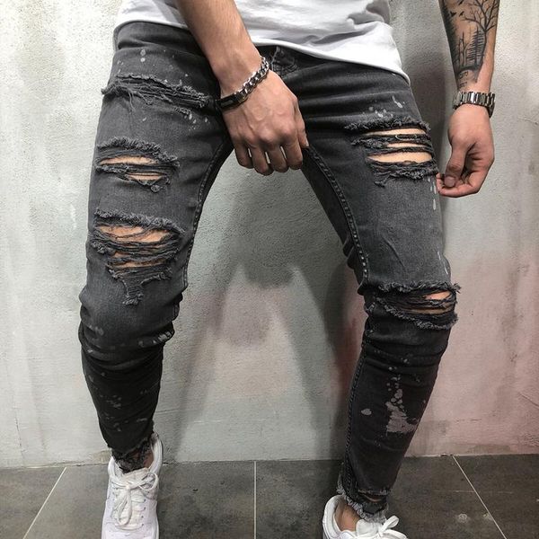 Compre Diseño Fresco De Los Hombres Gris Oscuro Jeans Algodón Estirado Rasgado Rasgado Destruido Slim Fit Hop Hop Denim Pantalones De Cintura Media