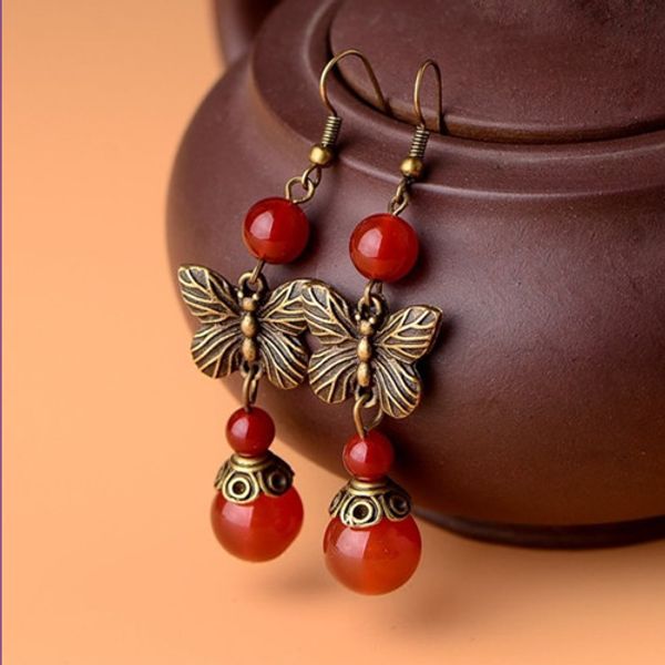 

wholesale 10 pairs ethnic style gold plated flower red agate dangle earrings for women colored glaze jewelry, Silver
