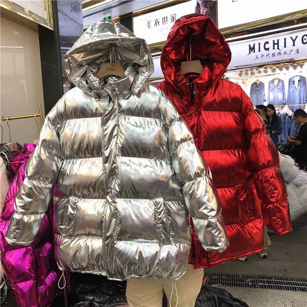 

girls fashion bright cotton coat womens silver parka winter thickened warm jacket lady casual loose parkas student cotton-padded, Black