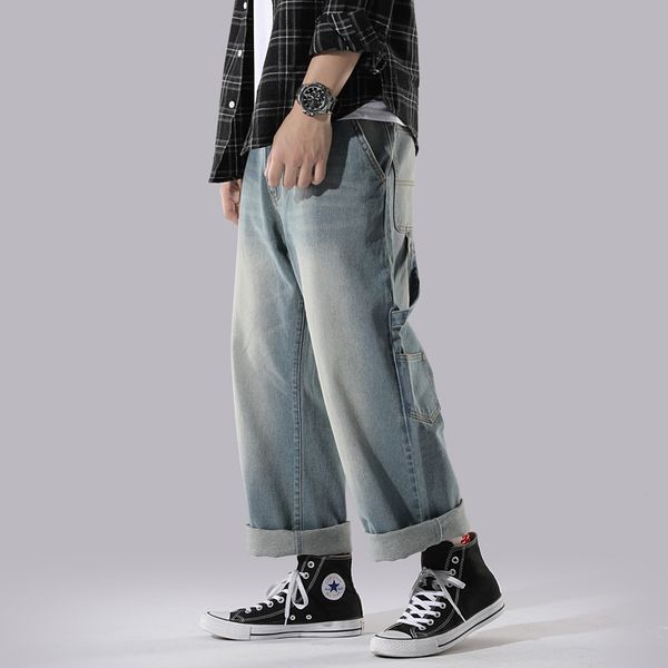 

02 men's jeans 2020 season old ins wide leg big pocket overalls men, Blue