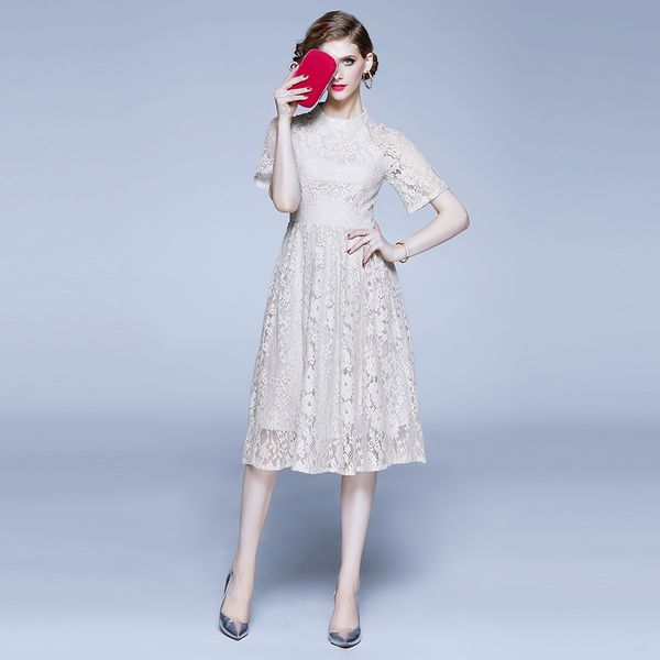 

women a-line lace dress new arrival 2020 fashion vintage stand collar knee-length elegant ladies party dresses x020, Black;gray