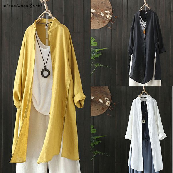 

designer women long shirt simple natural color long sleeve loose shirt spring lady classical casual clothes, White