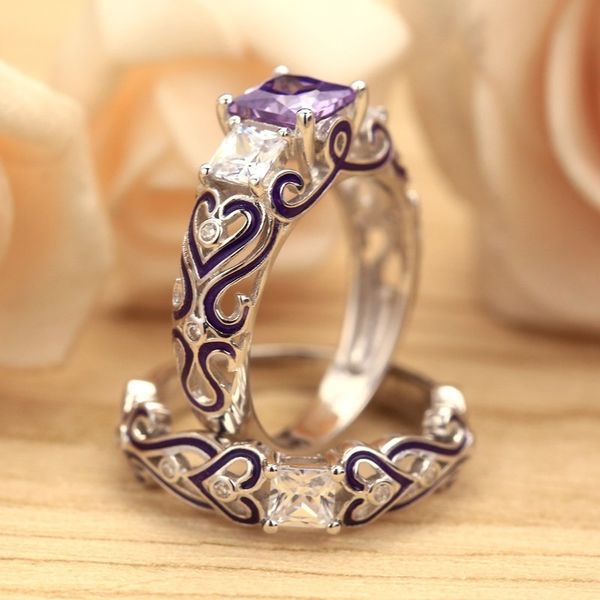 

jewelry square drill amethyst engagement ring violet glue set ring, Silver