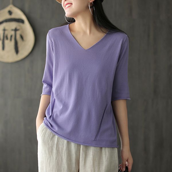 

women knit t shirt tees tshirt short sleeve big loose v neck solid retro vintage casual fashion for summer az20141536, White