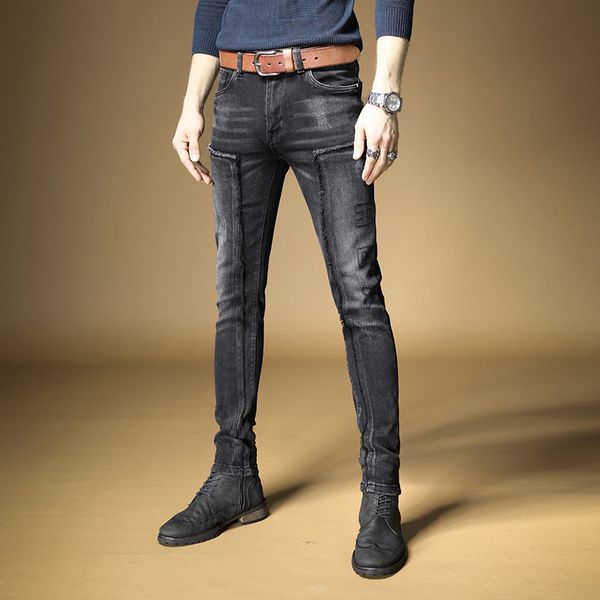 

new men's male denim jeans autumn and winter models black slim patch stitching trend korean winter pants trousers, Blue